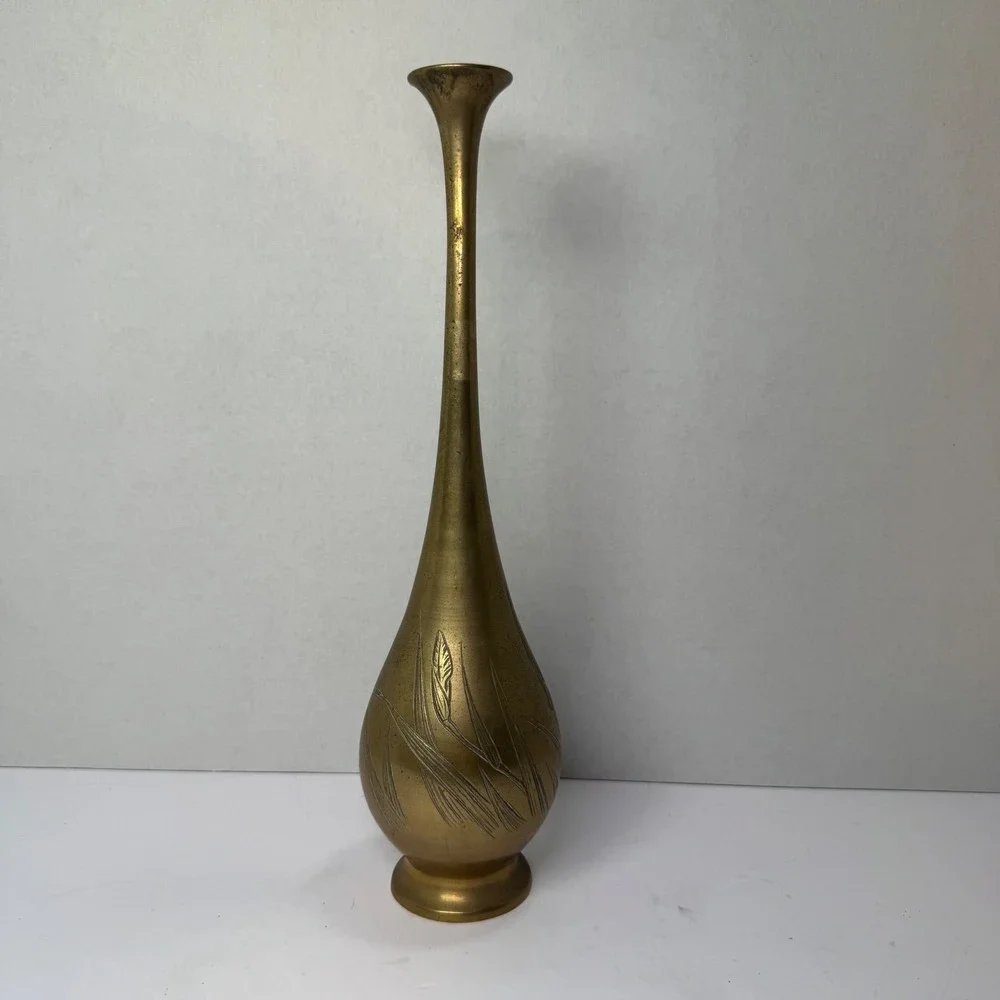 Vintage Solid Brass Bud Vase Tall Etched Floral Design Decorative Accent MCM EUC